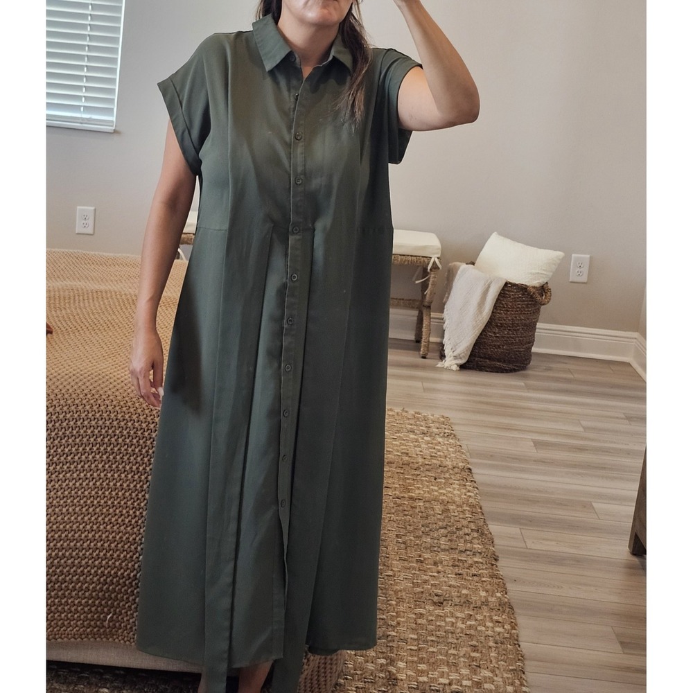 Woman's Casual Twist Front Short Sleve Collar Button Down Long Shirt Dress Large